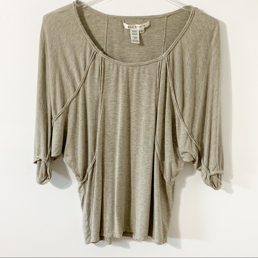 Max Studio 3/4 Bat Sleeve Flowy Scoop Neck Rayon Top Neutral Color Taupe Drappy